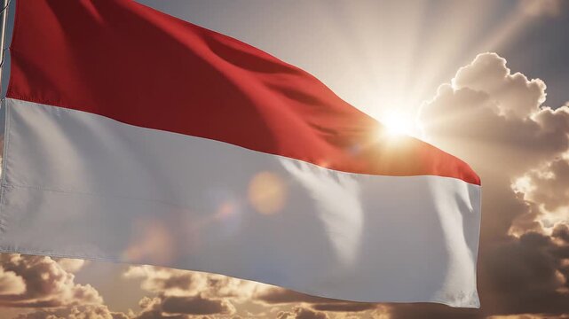 The Indonesian flag waving in sunlight.