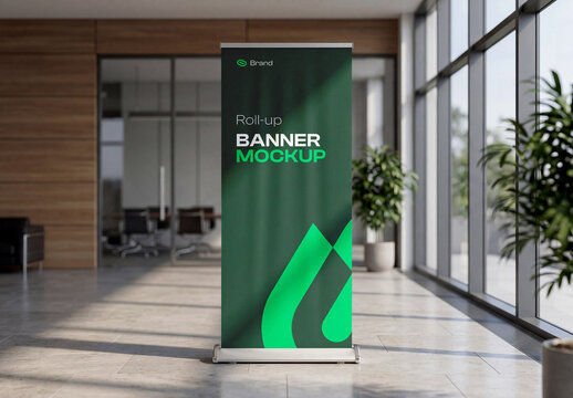Realistic Indoor Roll-Up Banner Mockup PSD