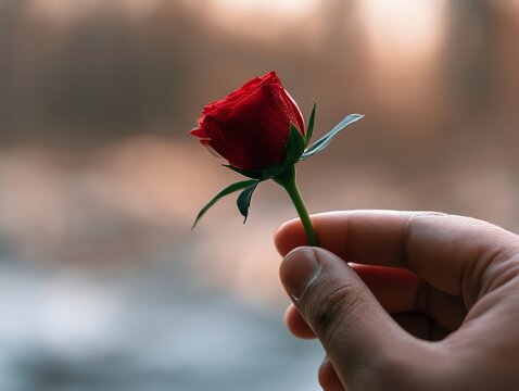 A single deep red rose bud is held delicately between human fingers against a softly blurred warm-toned natural outdoor background with golden hour light