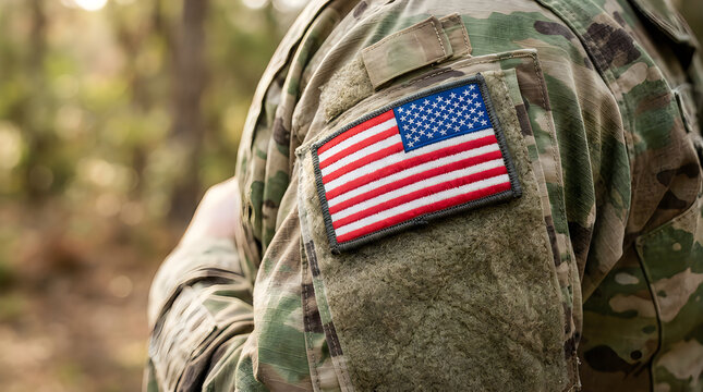 American Flag Patch on Army Camouflage Uniform &ndash; USA Military Patriotic Close Up