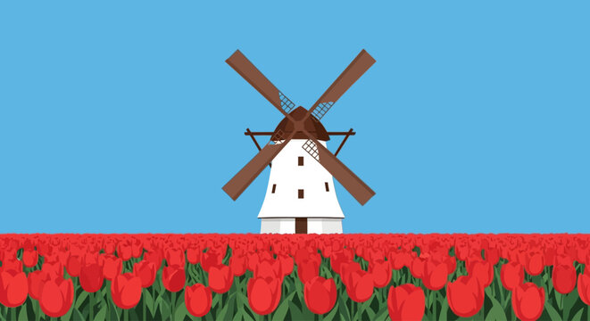 Flat vector illustration of windmill in red tulip field under blue sky