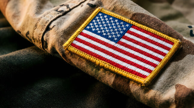 American Flag Patch on Military Uniform &ndash; USA Patriotic Armed Forces Close-Up
