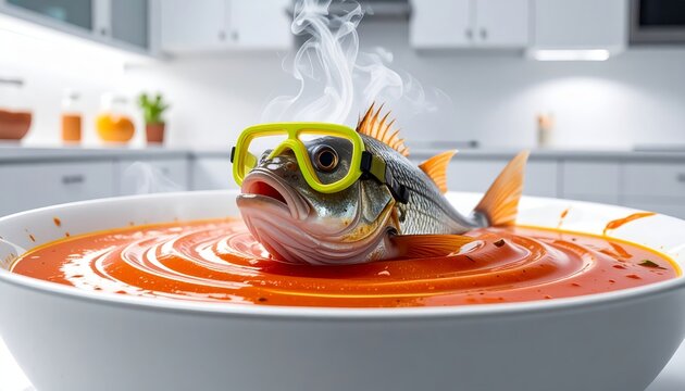 Fish in Scuba Goggles Immersed in Hot Soup