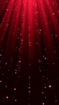 christmas and new year red background with shiny stars strings glitter and particles falling and light flare, vertical social media design element