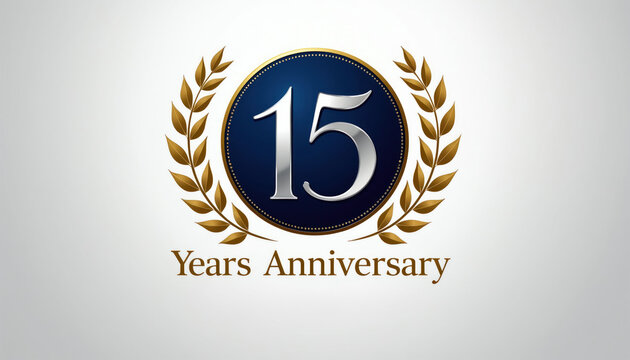 Elegant emblem shows number 15 encircled by golden laurel wreath. Text reads Years Anniversary. Perfect for company milestone celebration or award.