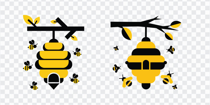 Cute honey bee hive vector set with hanging branches, cartoon bees and yellow beehive shapes on transparent background, ideal for kids designs, spring patterns, stickers and nature graphics.