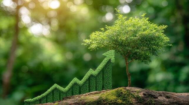 Green upward arrow and small tree on mossy log symbolizing business growth and sustainable esg practice alignment.