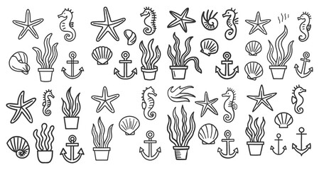 Large collection of marine life icons including sea creatures and nautical elements vector © 99VectorS