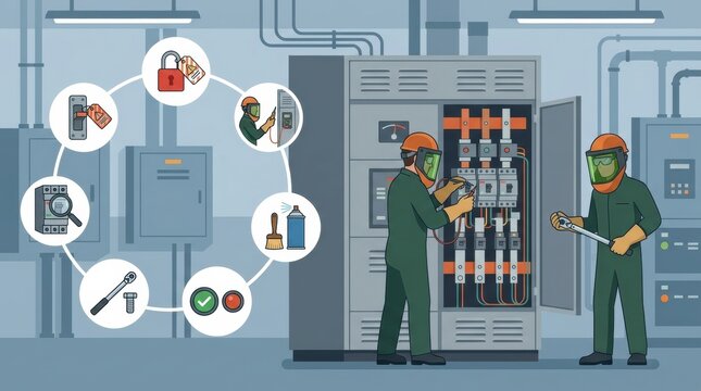 Technicians work on electrical systems in a control room while using safety equipment and tools for maintenance purposes