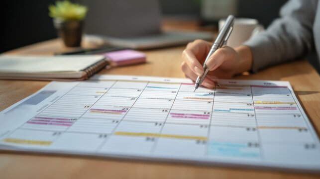 Woman writing on calendar at wooden desk