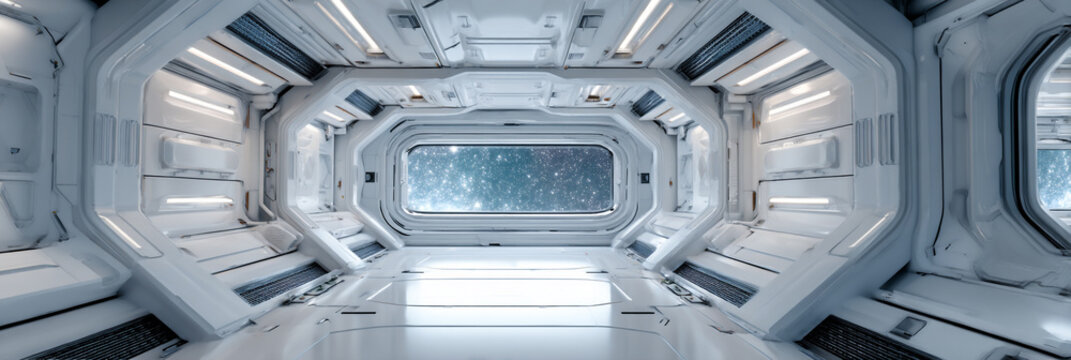 futuristic spaceship interior with panoramic space window, minimalist white spacecraft cabin overlooking deep space, cinematic sci fi spaceship observation deck