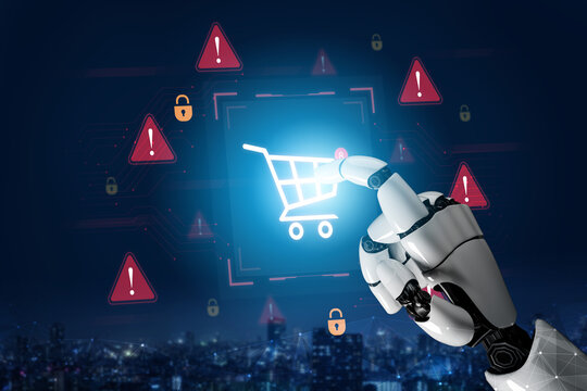 An AI assistant detects a cybersecurity risk during an online shopping transaction. The smart system issues a security warning to protect the user from potential payment fraud. Fermion