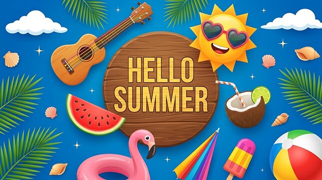 Hello summer wooden sign with beach vacation accessories and fruits