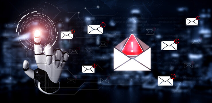 An AI assistant detects a critical cybersecurity threat, identifying a phishing email in the inbox. This smart system issues a warning to prevent a malware attack and data breach. Fermion