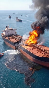 Large oil tanker split in half and burning at sea. Massive fire and black smoke rising from damaged cargo ship with oil spill on water surface.