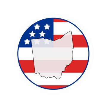 Ohio state map over USA flag badge. Ohio state map silhouette overlaid with the United States flag.