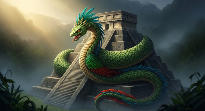 Quetzalcoatl the feathered serpent god coiled around an ancient pyramid