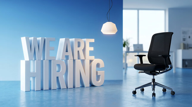 We are hiring sign with a black office chair in a modern bright corporate workspace environment