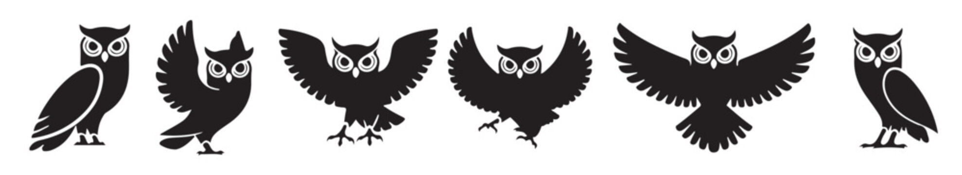 A group of owl silhouettes perched in various poses. Owl silhouette vector icon set, black color and white background, vector illustration.