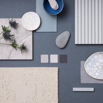 Elegant flat lay of interior design mood board with various textures, colors, and natural elements for home decor inspiration