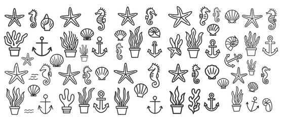 Nautical themed icons set featuring starfish seahorses shells seaweed and anchors vector illustration © 99VectorS