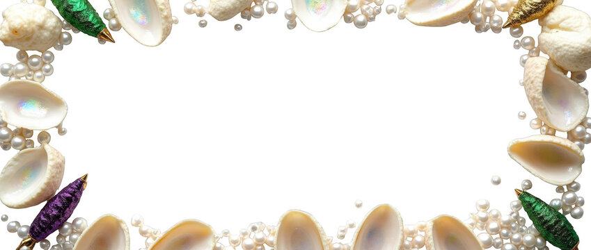 Seashell border frame with pearls and colorful sea urchins, isolated on transparent background, cut out decorative frame