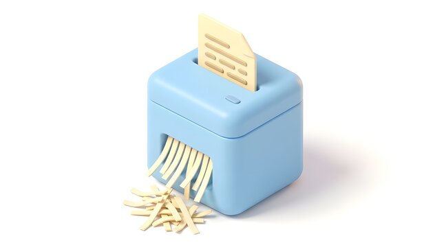Minimalist blue paper shredder icon, 3D isometric office document shredding machine, data privacy and security concept on white background