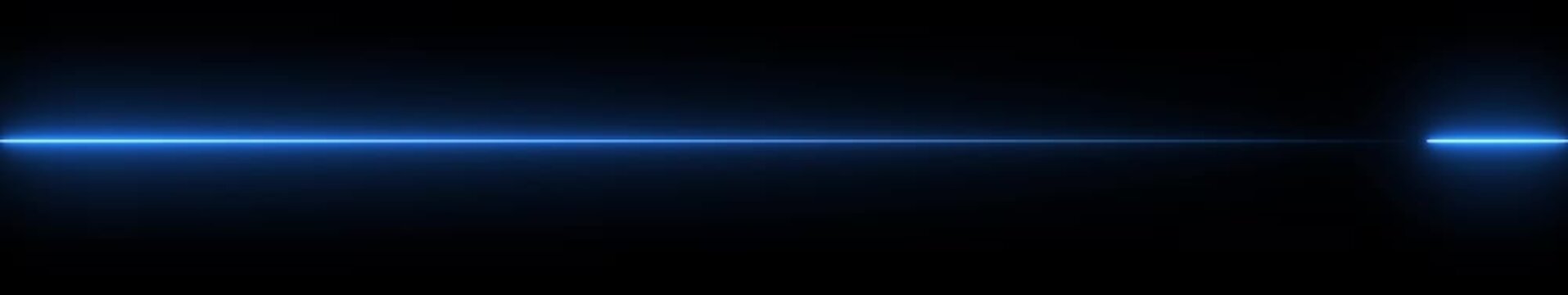 Neon blue light line moving along horizontal axis as abstract digital signal pulse across dark background environment.