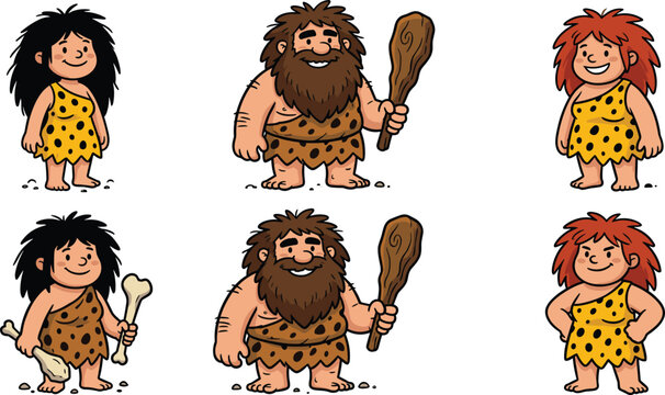 Cute Cartoon Caveman and Cavewoman Prehistoric Character Vector Set with Primitive Stone Age Family Holding Wooden Clubs and Bones for Creative Designs