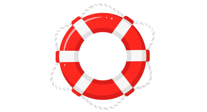 Red lifebuoy with rope on white background, safety equipment, rescue symbol