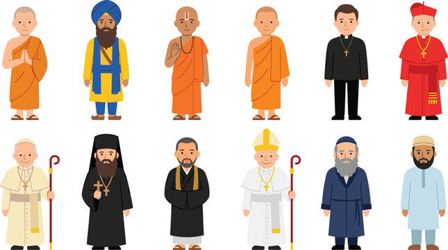 Multicultural Religious Leaders and Clergy Character Vector Set with Priest Pope Imam Monk and Rabbi for Diversity Unity and Faith Conceptual Designs