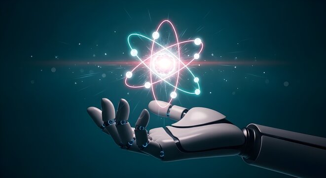 Futuristic robot hand holding glowing atom model, artificial intelligence and nuclear energy concept, robotic arm with digital science symbol