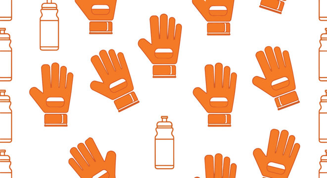 Minimalist seamless pattern with orange training gloves and water bottle icons for sports branding.