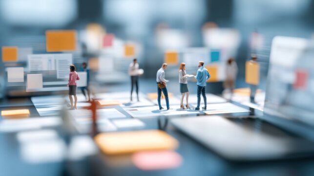 Miniature people interacting on abstract surface