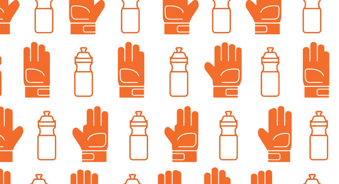 Seamless sports pattern with orange vector icons of water bottles and athletic training hand gloves.
