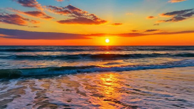 Golden sunset over the ocean with gentle waves lapping the shore