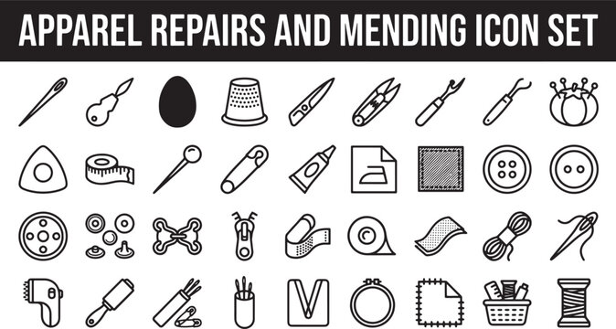 Apparel repair and mending icon set featuring sewing tools and tailoring equipment in a flat vector style