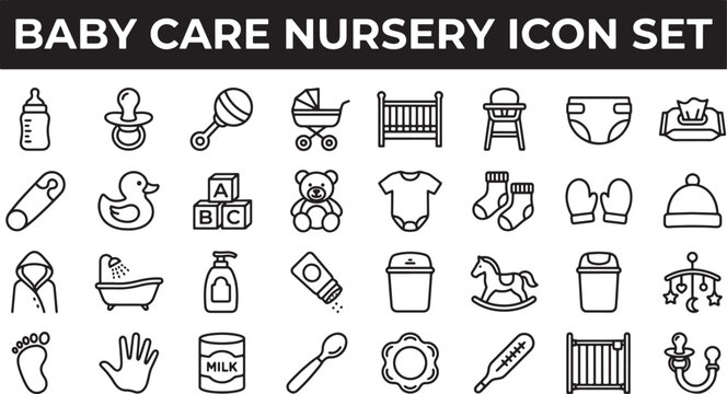 Baby care and nursery icon set featuring essential infant items in a clean minimalist line art style