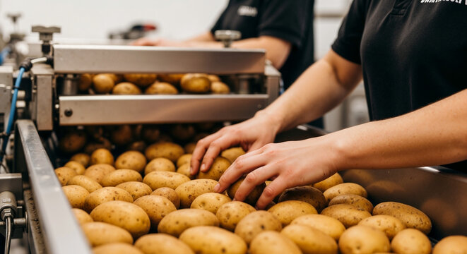 Workers Sorting Potatoes in a Processing Plant for Agricultural Blogs, Food Industry Websites, Sustainable Practices, and Educational Content