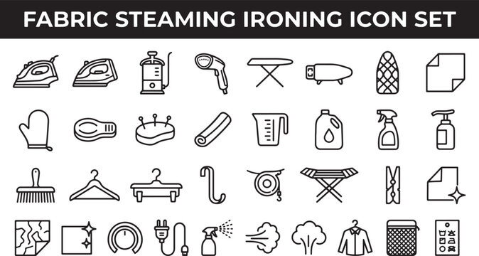 Fabric steaming and ironing icon set featuring laundry equipment and garment care tools in flat line style