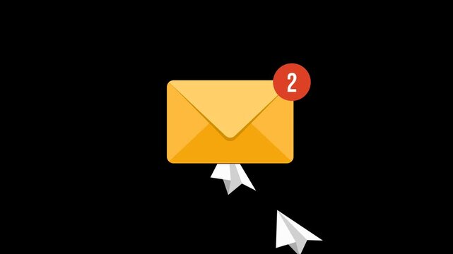 Email notification inbox counter animation with flying paper planes on black background and green screen.