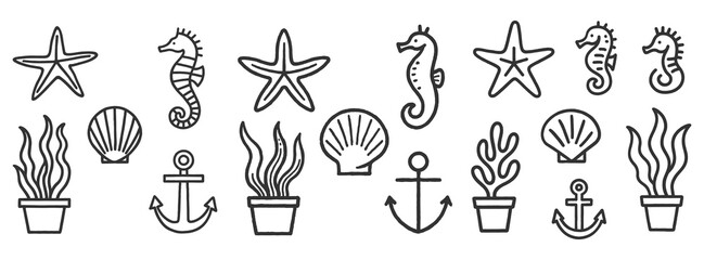 Set of Hand Drawn Nautical Elements Featuring Seahorses Starfish Seashells and Anchors © 99VectorS