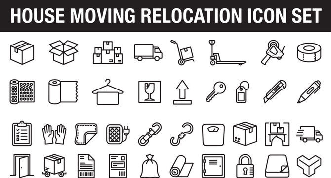 House moving and relocation icon set featuring cardboard boxes, delivery trucks, packing supplies, and logistics equipment vector