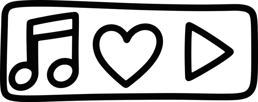 Doodle music player interface with note, heart, and play button icons