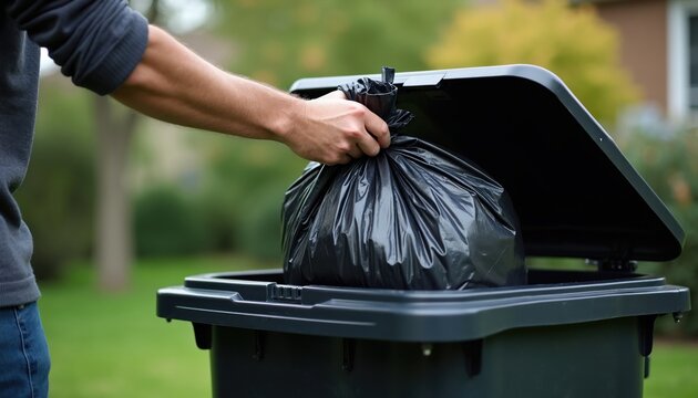 Man hand places full black garbage bag into outdoor residential trash bin. He closes lid on waste container during autumn cleanup chore. Home routine disposal outside.