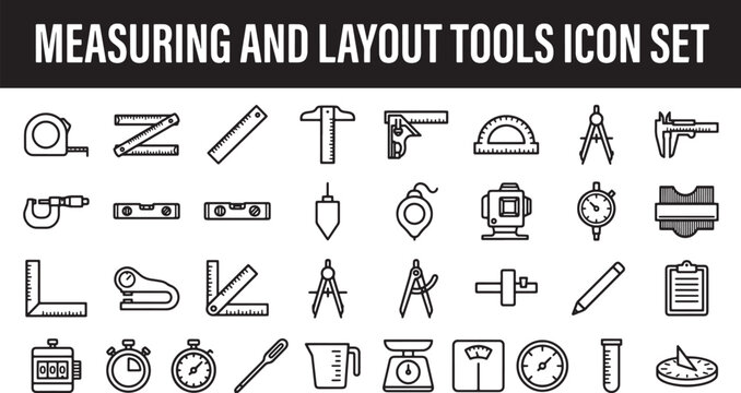 Measuring and layout tools icon set featuring linear symbols for construction engineering architecture and precision measurement tasks