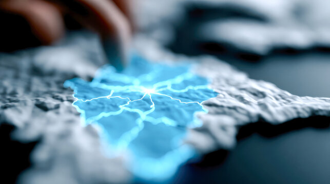 Glowing digital map with connected network nodes and blurred hand interaction