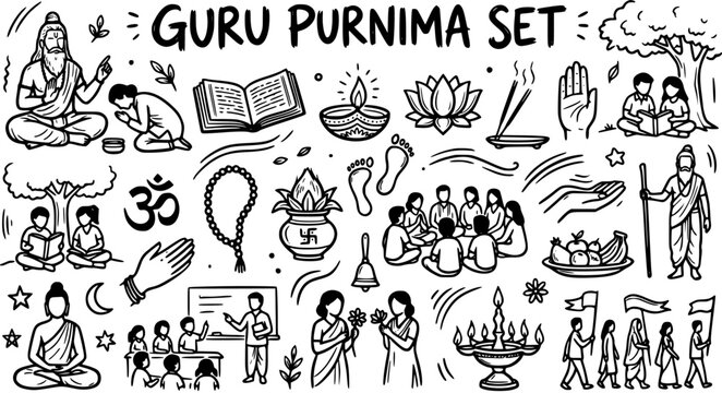 Guru Purnima Set Black  White Line Art Vector, Indian Festival Celebration Icons