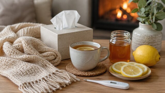 Winter Cold Care Table With Tea Honey Lemon And Thermometer