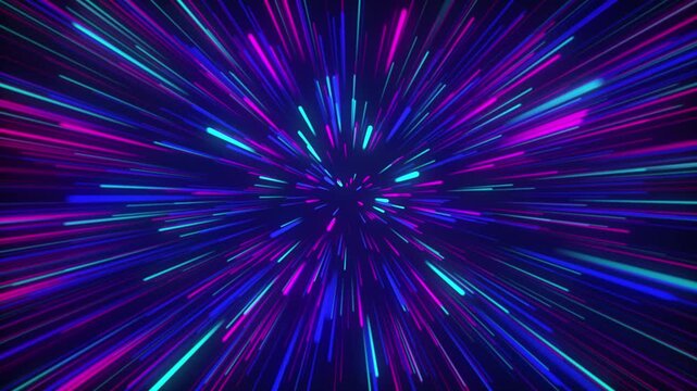 Neon Light Speed Tunnel Abstract Futuristic Motion Background Design Art. Abstract Neon Light Streaks Exploding From Center Speed Warp Pattern